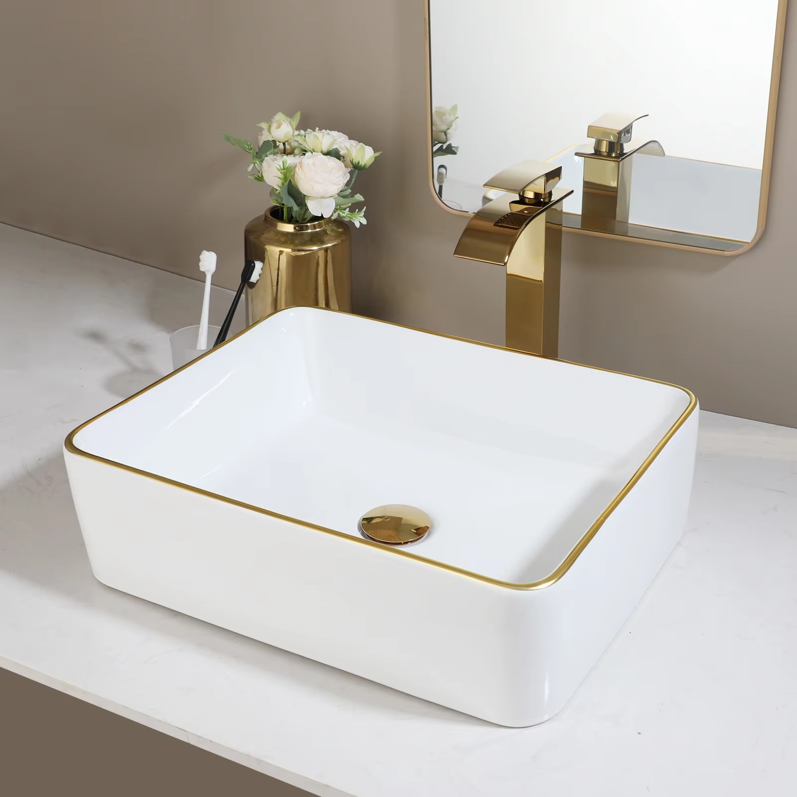 KEMAIDI Modern Gold Edge Square White Ceramic Bathroom Vessel Sink Faucet Tap Set Ceramic Basin Wash Basin Bathroom Sink Counter