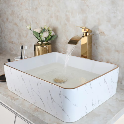 KEMAIDI Modern Gold Edge Square White Ceramic Bathroom Vessel Sink Faucet Tap Set Ceramic Basin Wash Basin Bathroom Sink Counter