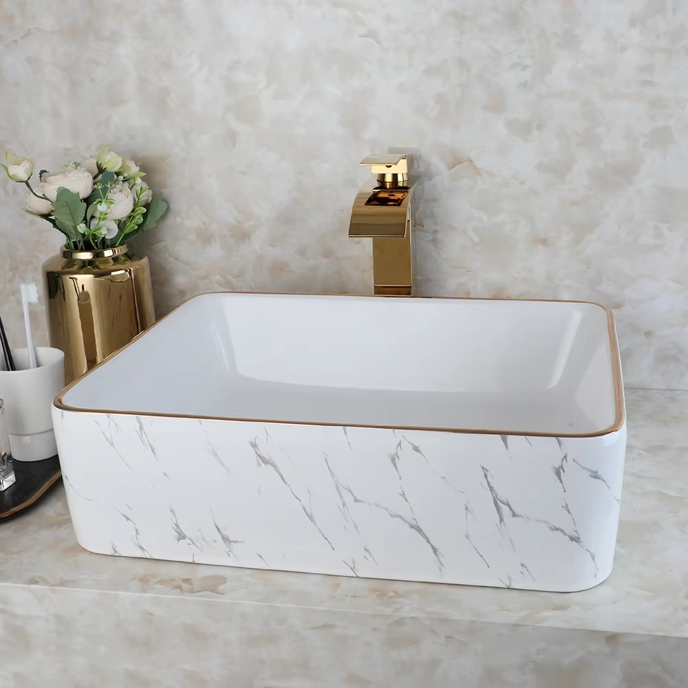 KEMAIDI Modern Gold Edge Square White Ceramic Bathroom Vessel Sink Faucet Tap Set Ceramic Basin Wash Basin Bathroom Sink Counter