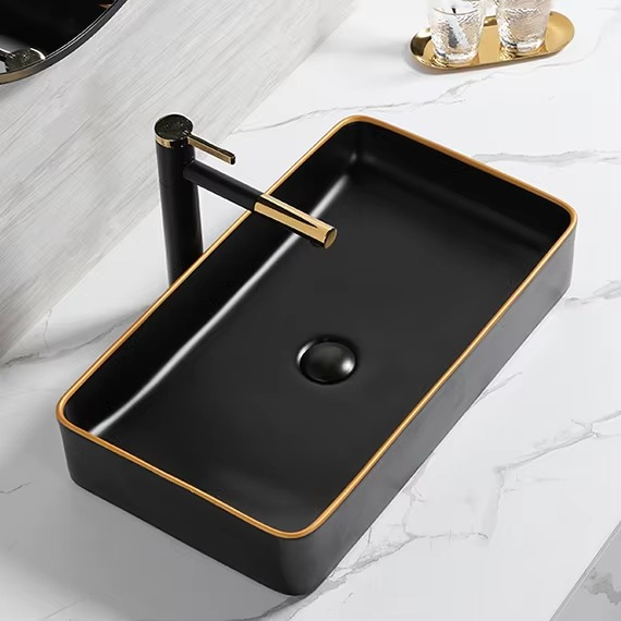 Modern Rectangular Above Counter Black Color Vessel Sinks Bowl Ceramic Hand Wash Basin Matt Black Bathroom Sinks