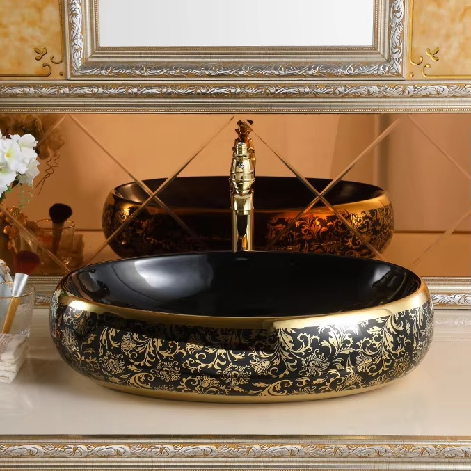Luxury Modern Vessel Lavabo Oval Art Basin Ceramic Gold Black Bathroom Sink Counter Top Hand Wash Basin