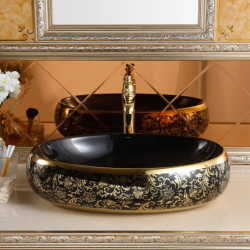 Luxury Modern Vessel Lavabo Oval Art Basin Ceramic Gold Black Bathroom Sink Counter Top Hand Wash Basin