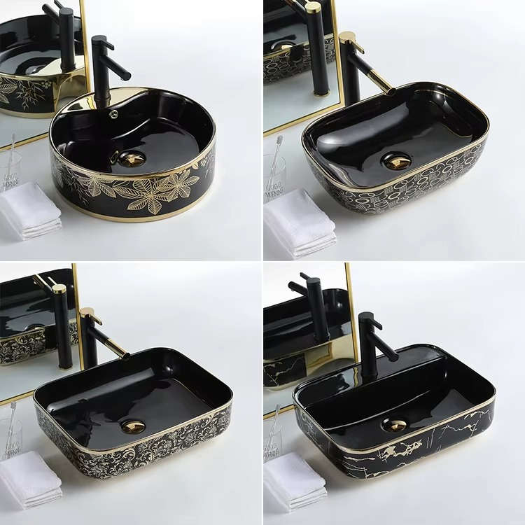 Luxury Modern Vessel Lavabo Oval Art Basin Ceramic Gold Black Bathroom Sink Counter Top Hand Wash Basin
