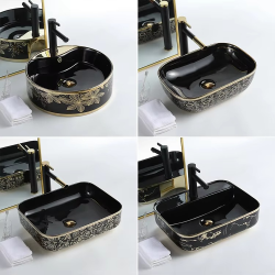 Luxury Modern Vessel Lavabo Oval Art Basin Ceramic Gold Black Bathroom Sink Counter Top Hand Wash Basin