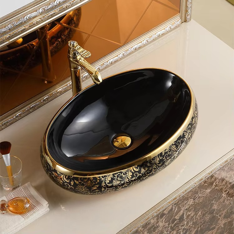 Luxury Modern Vessel Lavabo Oval Art Basin Ceramic Gold Black Bathroom Sink Counter Top Hand Wash Basin
