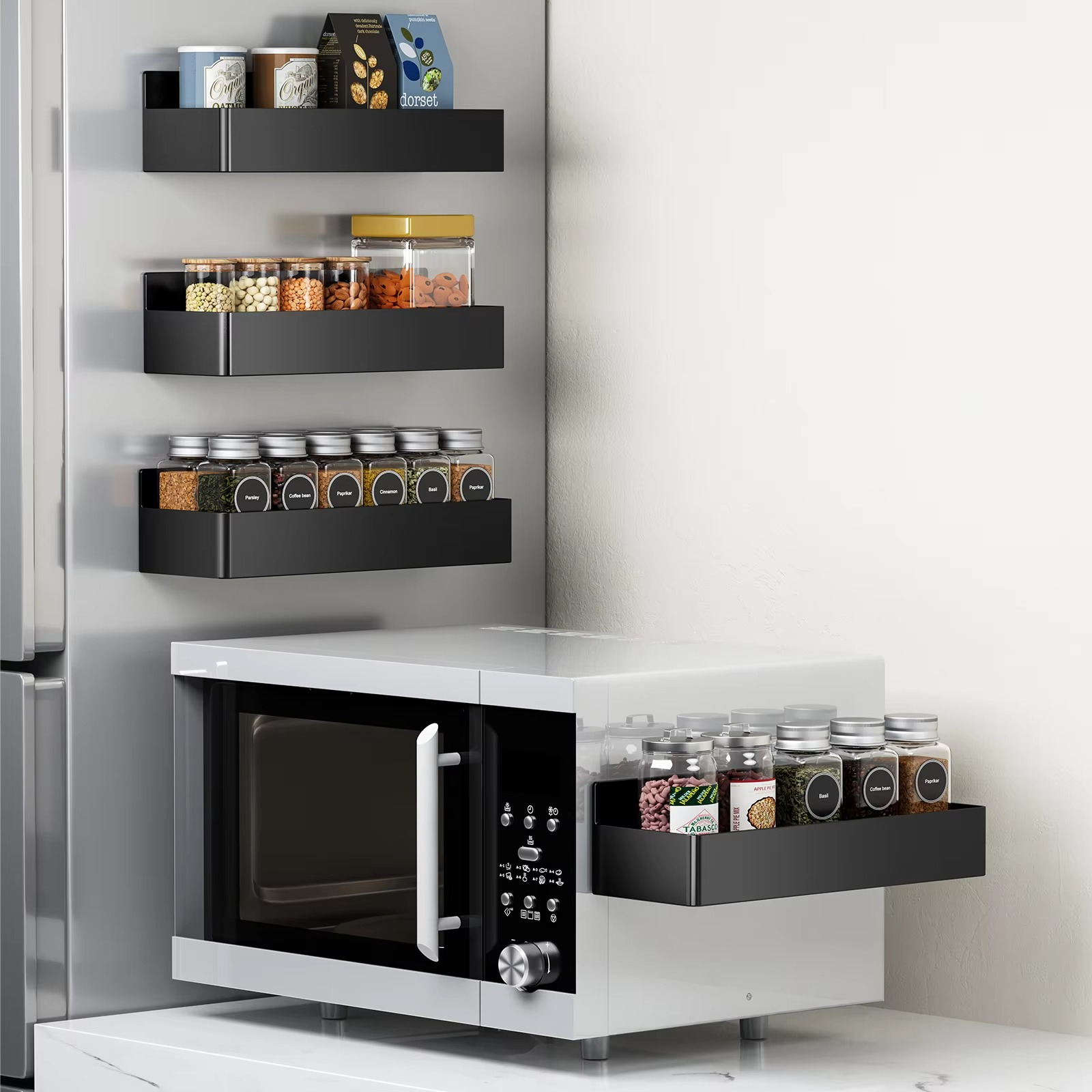 4PCS Magnetic Plastic Fridge Shelves Spice Storage Rack Black White Blue Cabinet Organizer Kitchen Refrigerator Accessories