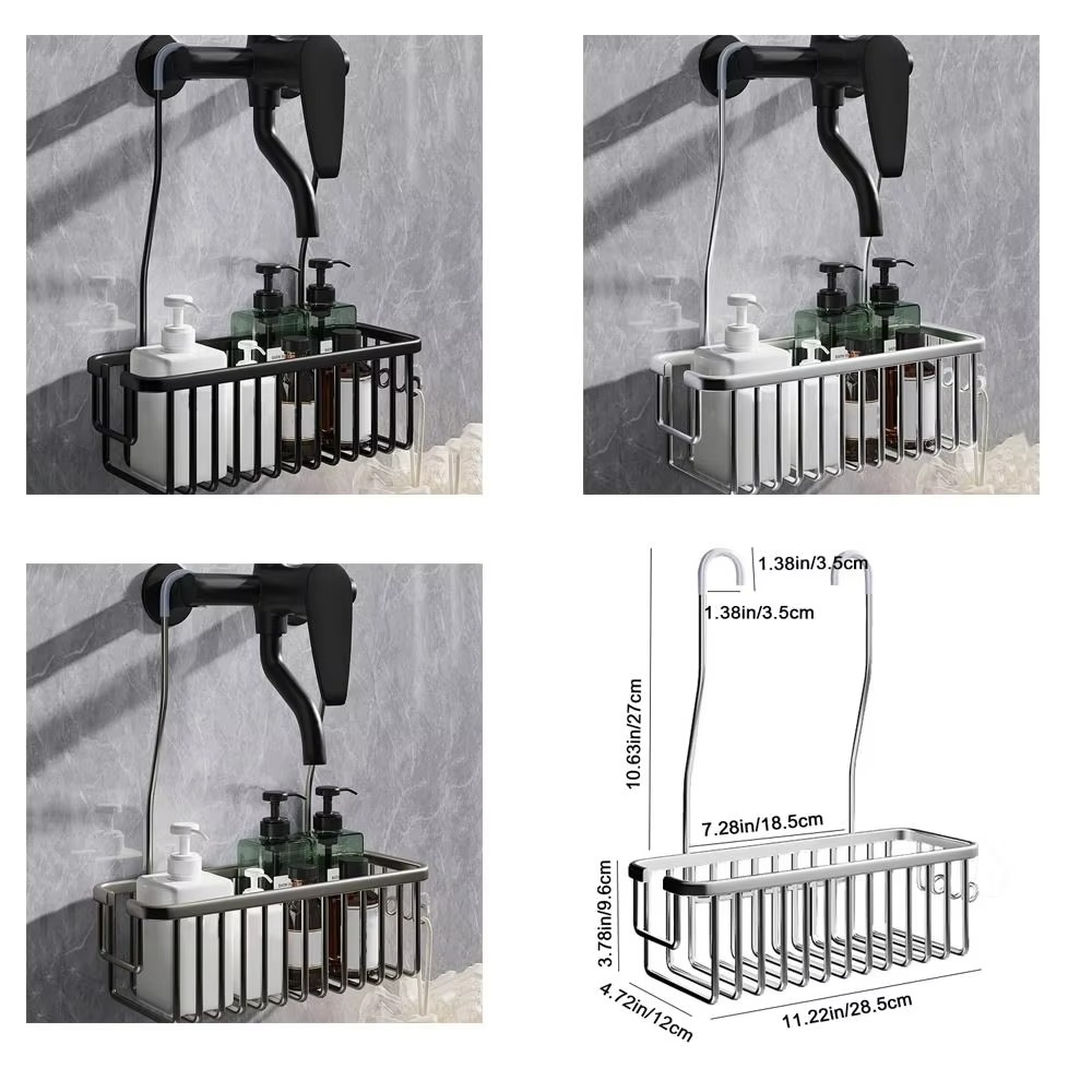 Silver/Black/Grey Hanging Shower Basket with Hooks Large Capacity Bathroom Storage Rack Rustproof Bathroom Hanging Shelf Home