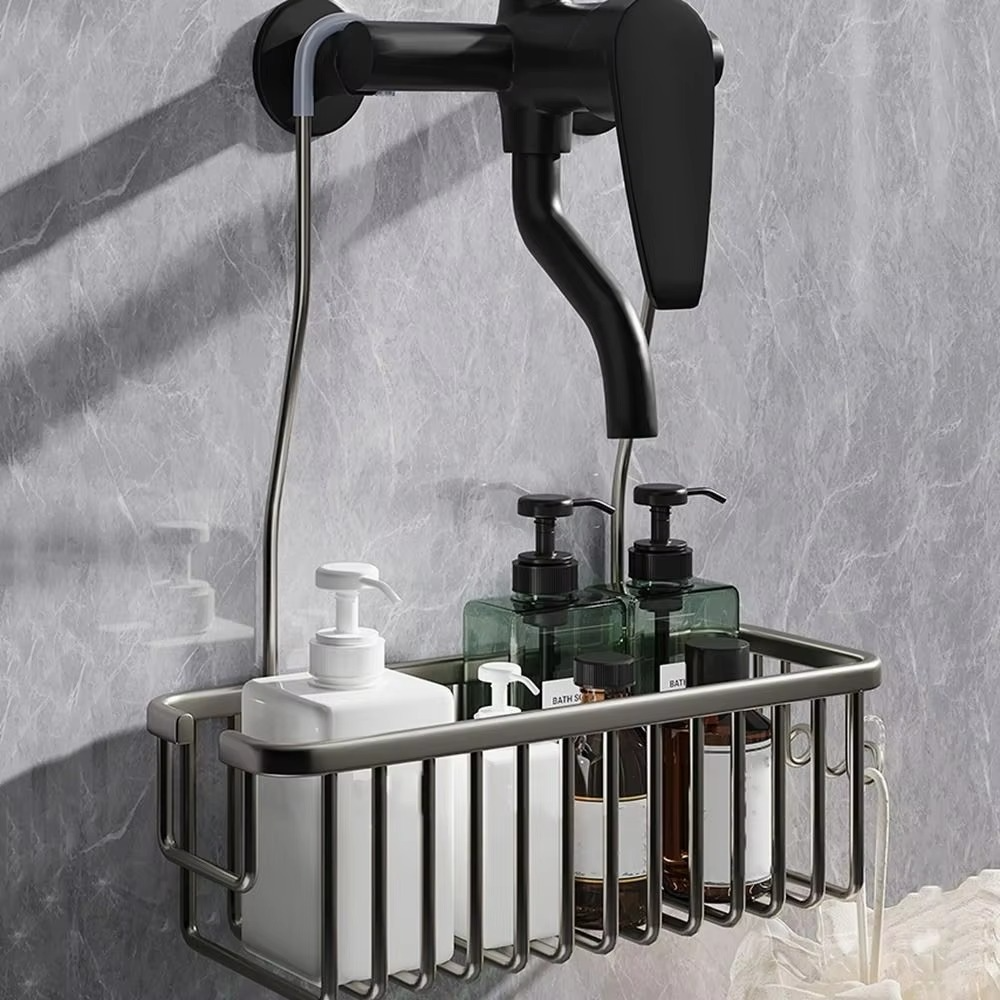 Silver/Black/Grey Hanging Shower Basket with Hooks Large Capacity Bathroom Storage Rack Rustproof Bathroom Hanging Shelf Home