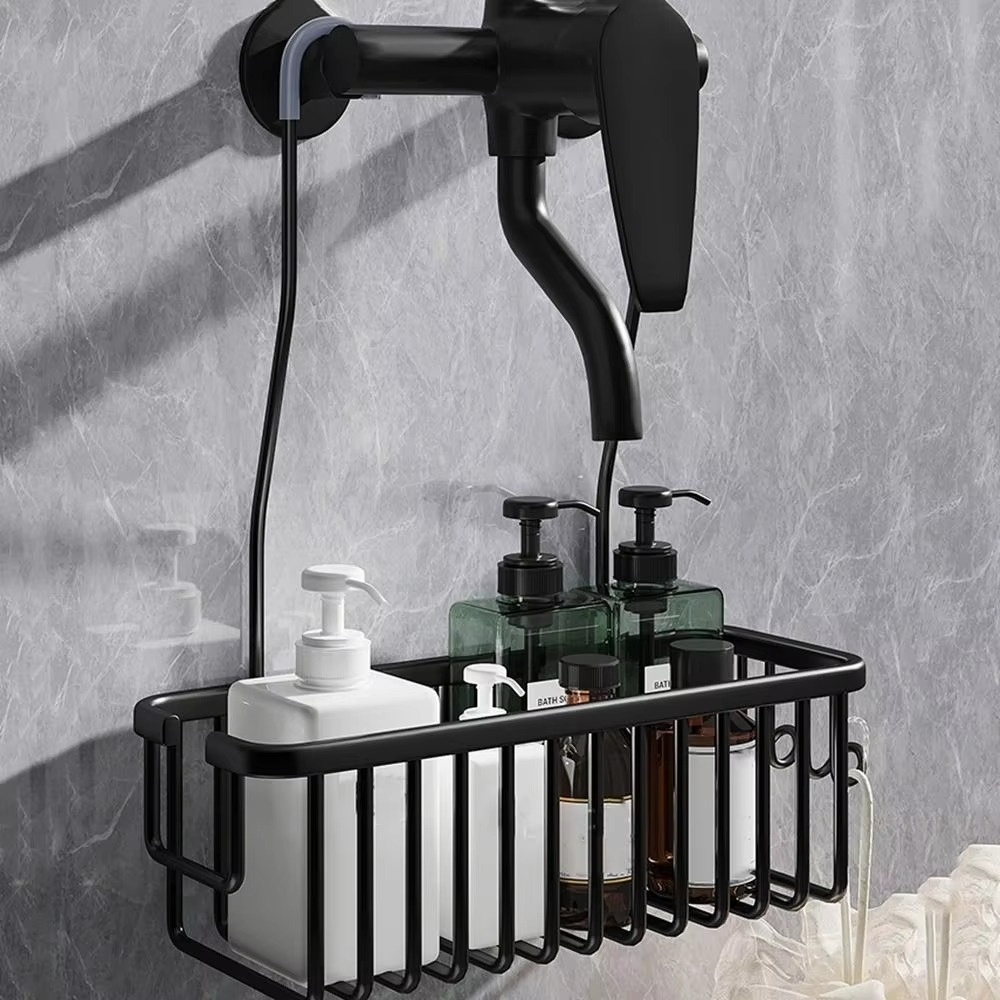 Silver/Black/Grey Hanging Shower Basket with Hooks Large Capacity Bathroom Storage Rack Rustproof Bathroom Hanging Shelf Home