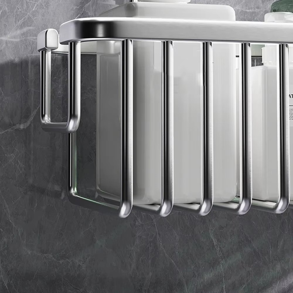 Silver/Black/Grey Hanging Shower Basket with Hooks Large Capacity Bathroom Storage Rack Rustproof Bathroom Hanging Shelf Home