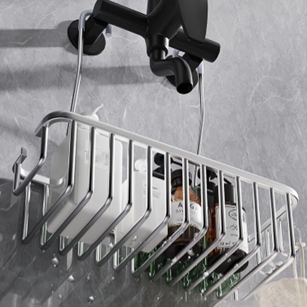 Silver/Black/Grey Hanging Shower Basket with Hooks Large Capacity Bathroom Storage Rack Rustproof Bathroom Hanging Shelf Home