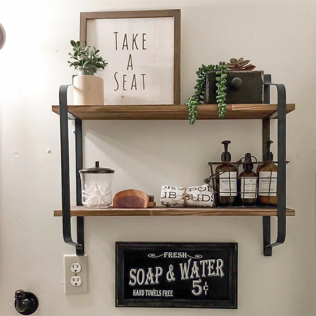 Large Rustic Industrial Pipe Wall Floating Shelf 2 Tier Wooden Metal Display Storage Shelving Unit