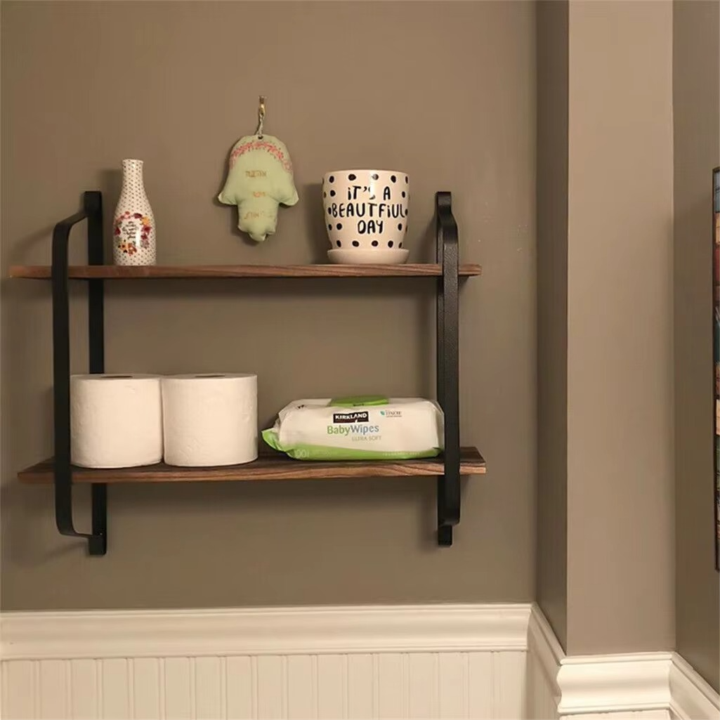 Large Rustic Industrial Pipe Wall Floating Shelf 2 Tier Wooden Metal Display Storage Shelving Unit