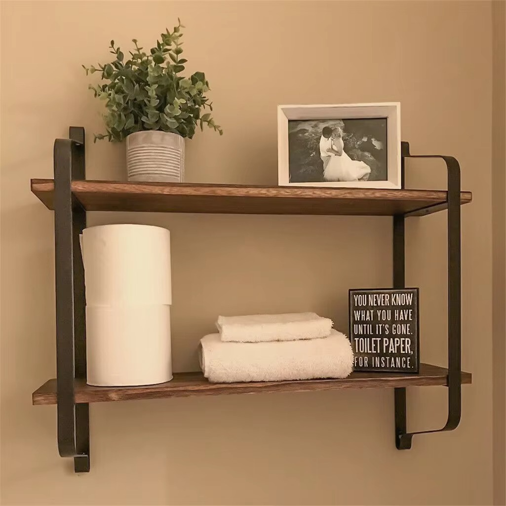 Large Rustic Industrial Pipe Wall Floating Shelf 2 Tier Wooden Metal Display Storage Shelving Unit