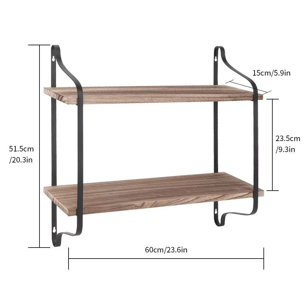 Large Rustic Industrial Pipe Wall Floating Shelf 2 Tier Wooden Metal Display Storage Shelving Unit