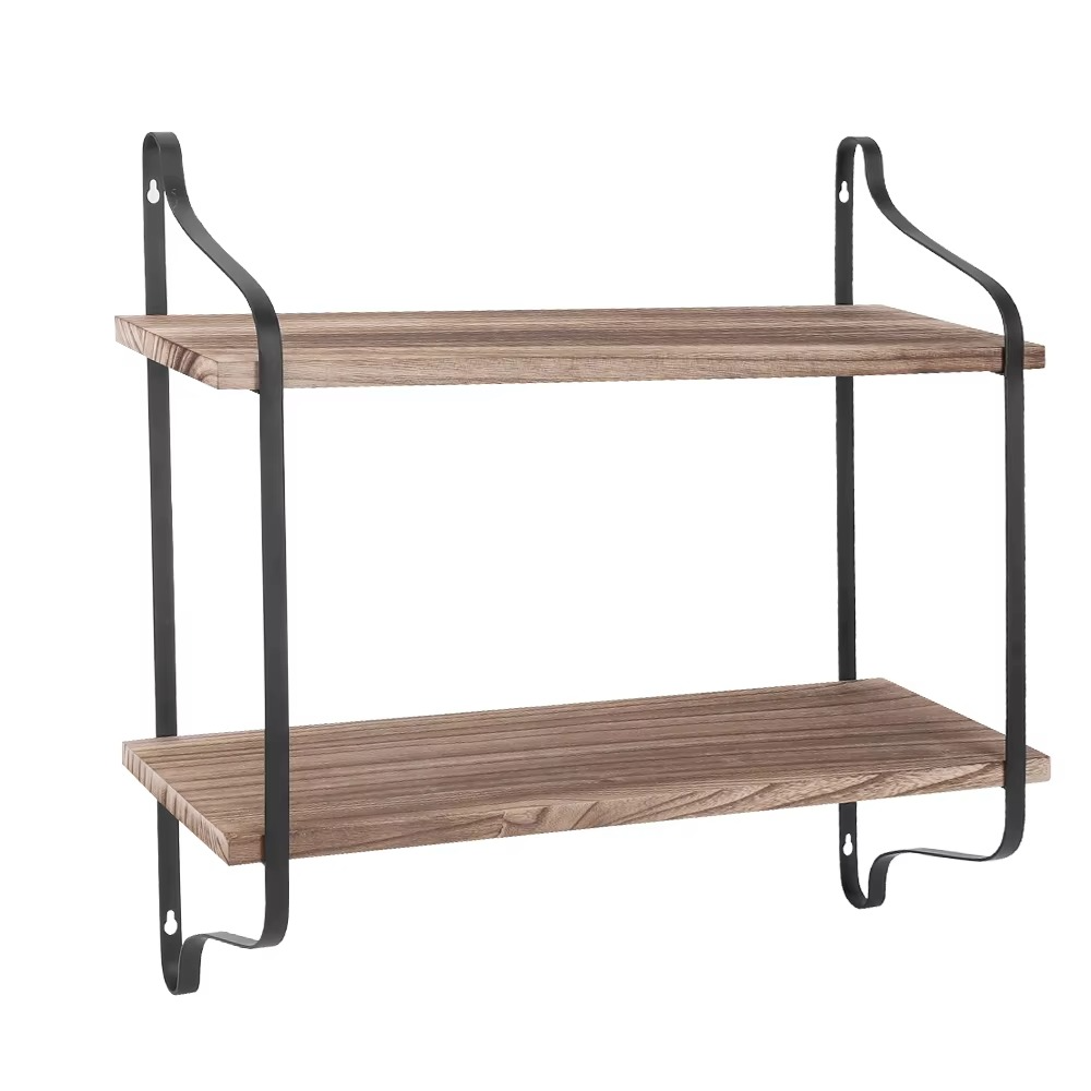 Large Rustic Industrial Pipe Wall Floating Shelf 2 Tier Wooden Metal Display Storage Shelving Unit