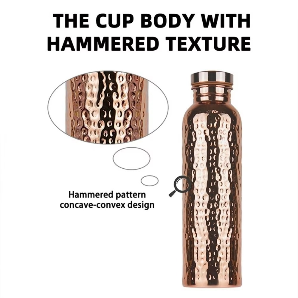 800ML Copper Water Bottle One-Click Open Lid Anti-Slip Silicone Base Hammer Pattern Bottle Thermal Insulation