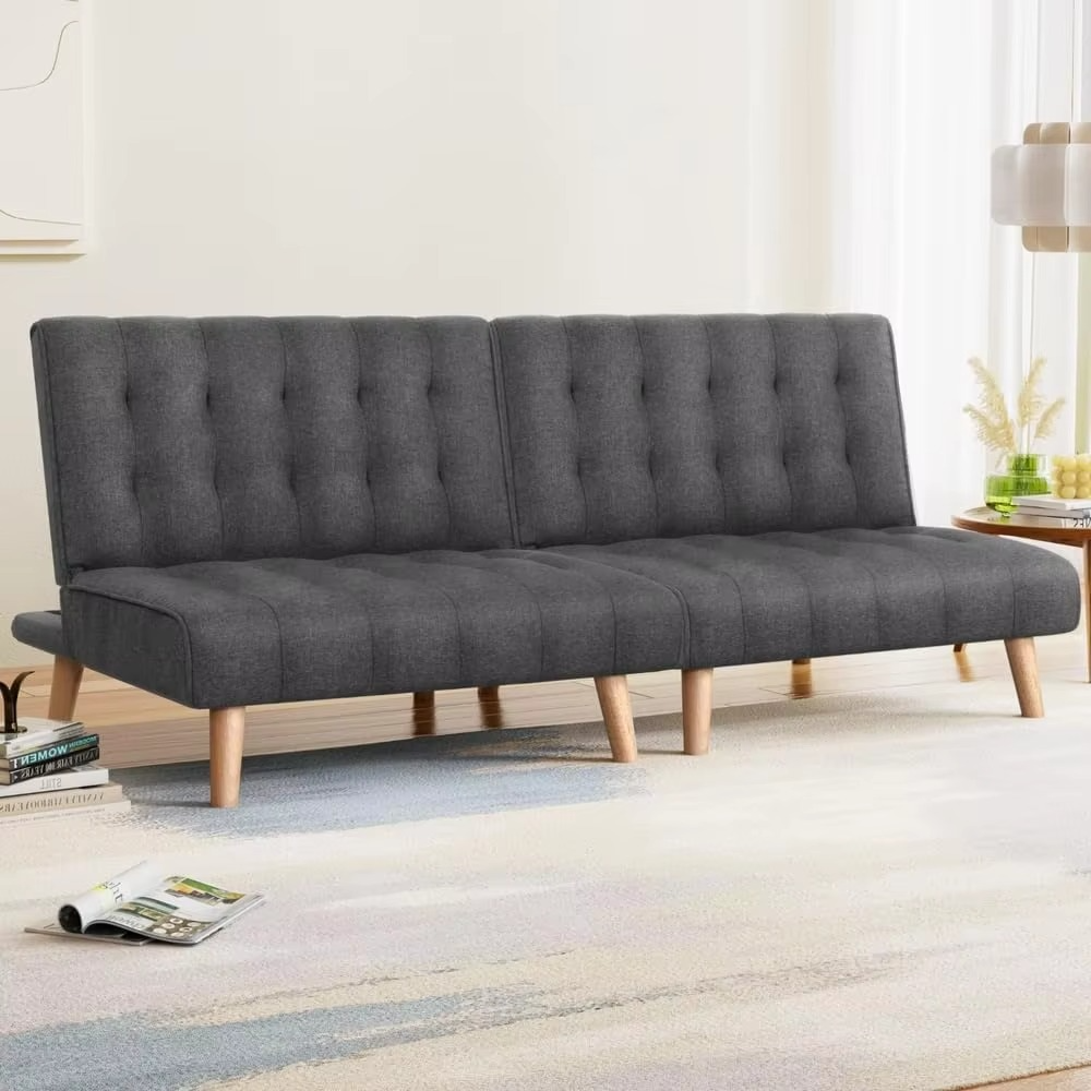 Single Seater Sofa Bed, Set of 2 Convertible 1 Seater Tufted Futon Sleeper Couch with 3-Position Backrest – Linen Fabric Lounge