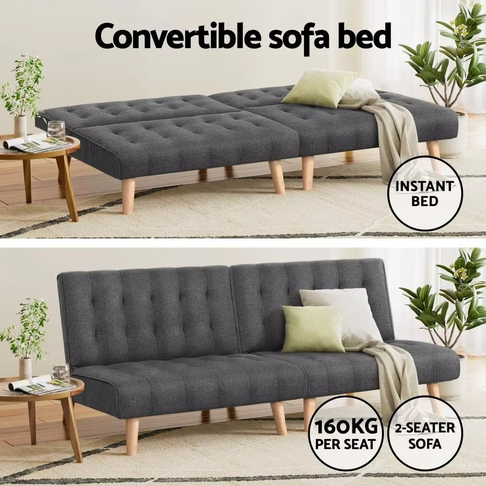 Single Seater Sofa Bed, Set of 2 Convertible 1 Seater Tufted Futon Sleeper Couch with 3-Position Backrest – Linen Fabric Lounge