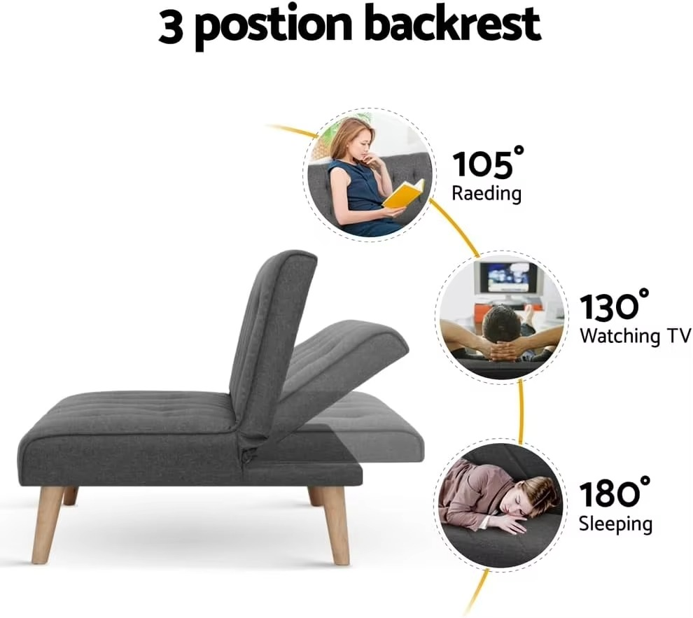 Single Seater Sofa Bed, Set of 2 Convertible 1 Seater Tufted Futon Sleeper Couch with 3-Position Backrest – Linen Fabric Lounge