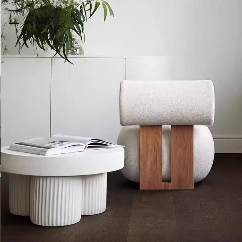 Wuli House Nordic Solid Wood Sofa Chair Modern Light Luxury Cream Style Living Room Lazy Lamb Plush Hippo Chair Single Person