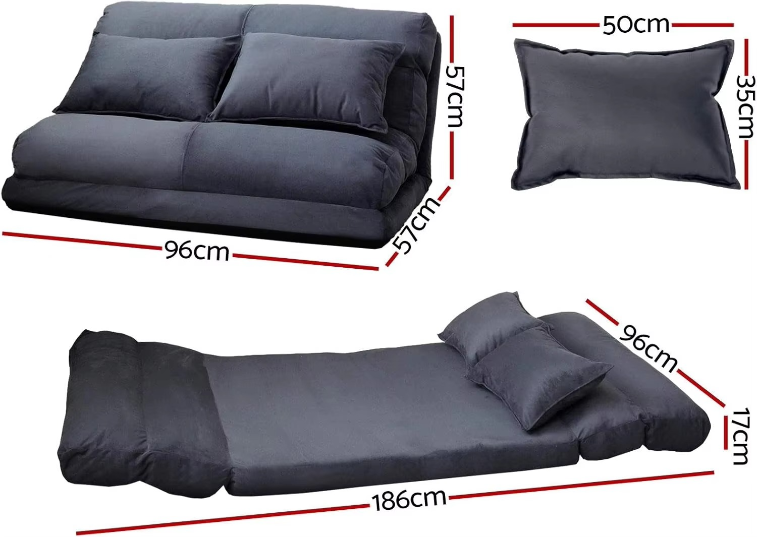 Sofa Bed, 2 Seaters Futon Suede Adjustable Couch Cushions Floor Lounge Recliner Chair Lounger Office Outdoor Indoor Living Room 100K+ similar items sold