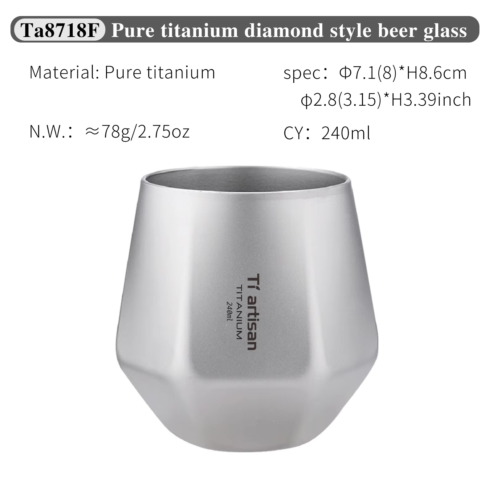 Tiartisan 240ml Titanium Diamond Teacup Hexagonal Beer Mug Outdoor Camping Ultralight Portable Double Layer Anti-Scald Drinkware