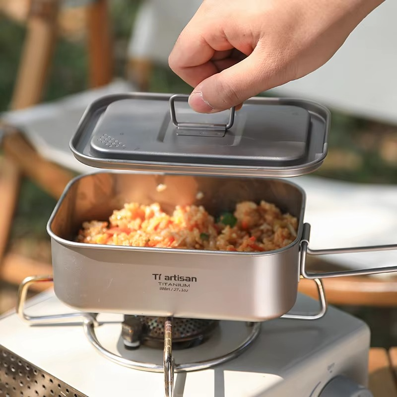 Tiartisan Titanium 800ML Single Layer Lunch Box Outdoor Camping Lightweight Portable Folding Handle Meal Box Food Container