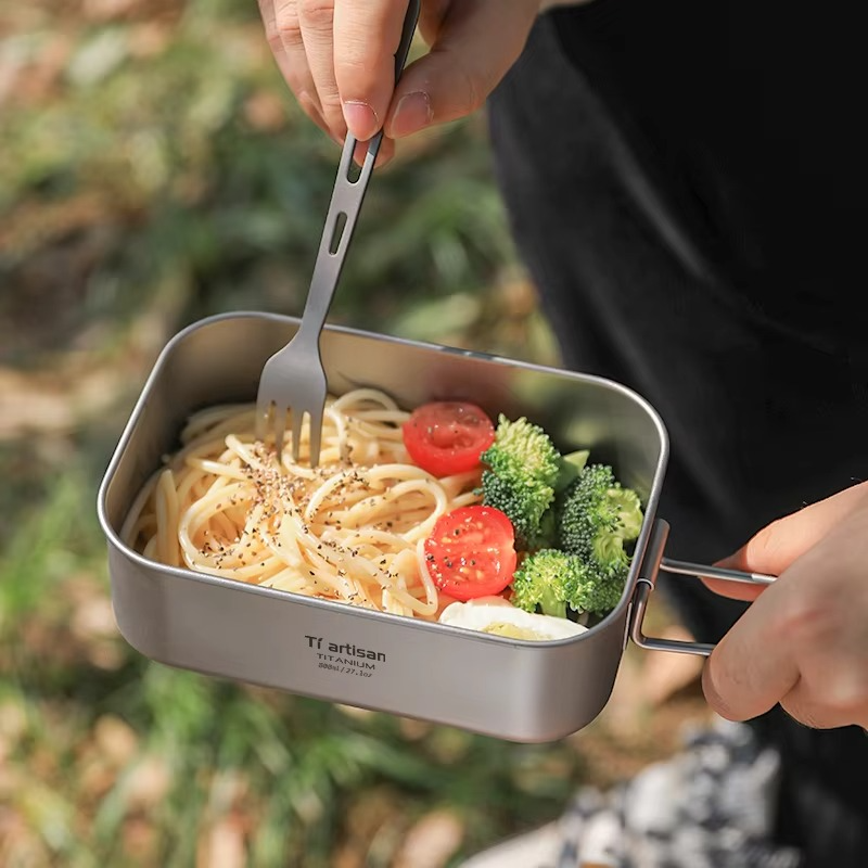 Tiartisan Titanium 800ML Single Layer Lunch Box Outdoor Camping Lightweight Portable Folding Handle Meal Box Food Container