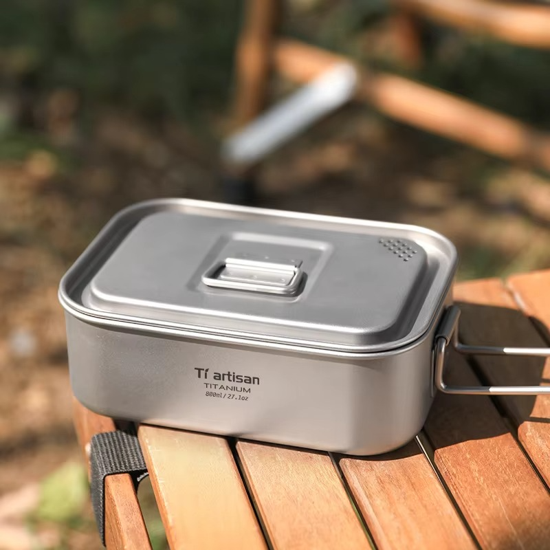 Tiartisan Titanium 800ML Single Layer Lunch Box Outdoor Camping Lightweight Portable Folding Handle Meal Box Food Container