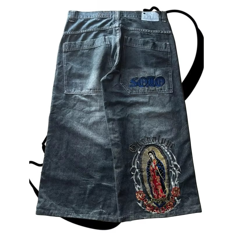 Y2K Vintage Washed Jeans Virgin Mary Embroidery Design High Quality Wide Leg Jeans Fashion Men Women Hip Hop Loose Streetwear
