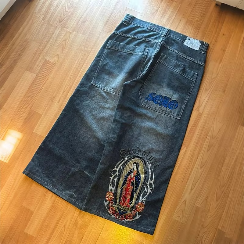 Y2K Vintage Washed Jeans Virgin Mary Embroidery Design High Quality Wide Leg Jeans Fashion Men Women Hip Hop Loose Streetwear