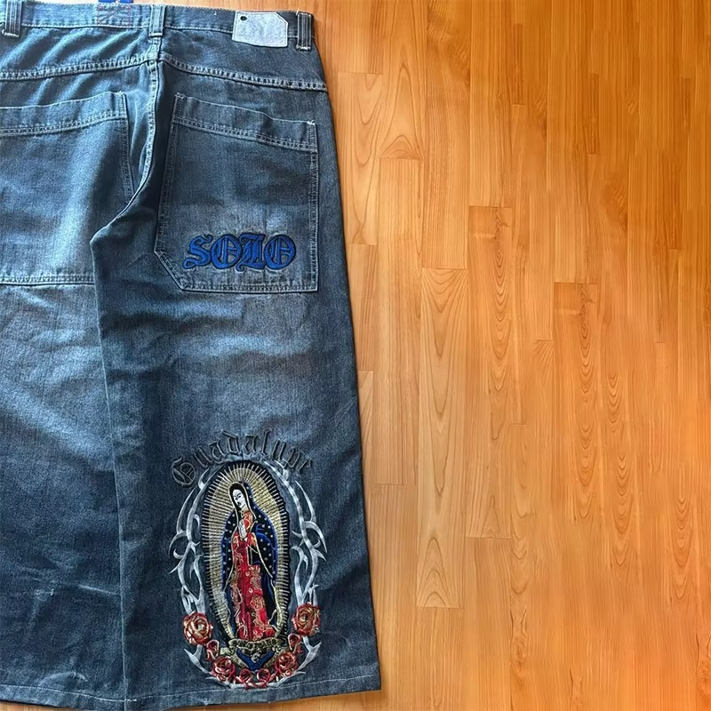 Y2K Vintage Washed Jeans Virgin Mary Embroidery Design High Quality Wide Leg Jeans Fashion Men Women Hip Hop Loose Streetwear