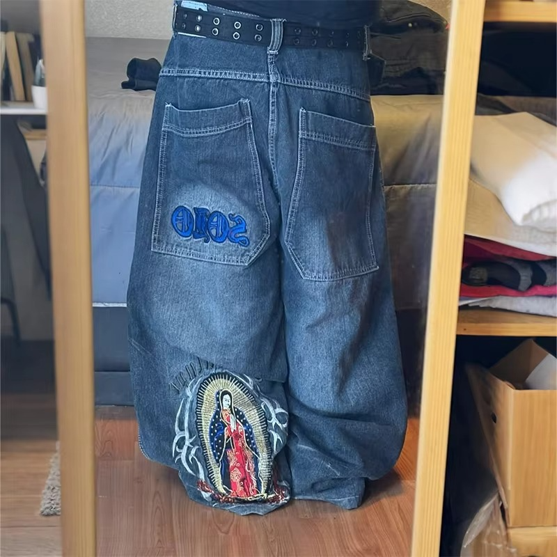 Y2K Vintage Washed Jeans Virgin Mary Embroidery Design High Quality Wide Leg Jeans Fashion Men Women Hip Hop Loose Streetwear