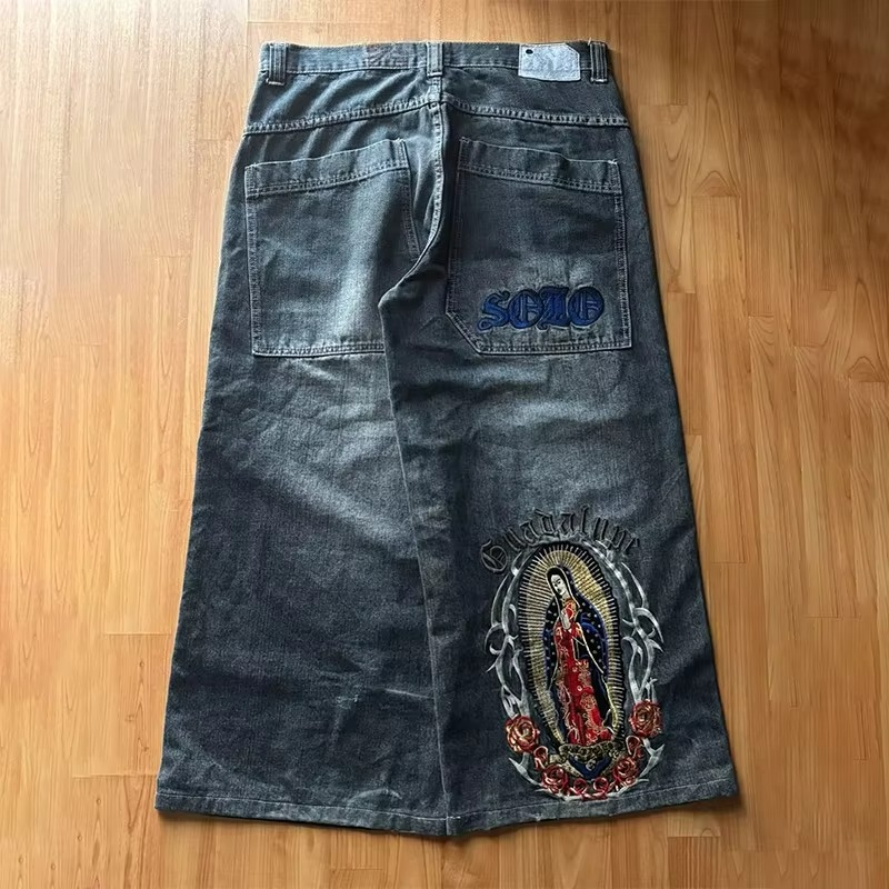 Y2K Vintage Washed Jeans Virgin Mary Embroidery Design High Quality Wide Leg Jeans Fashion Men Women Hip Hop Loose Streetwear
