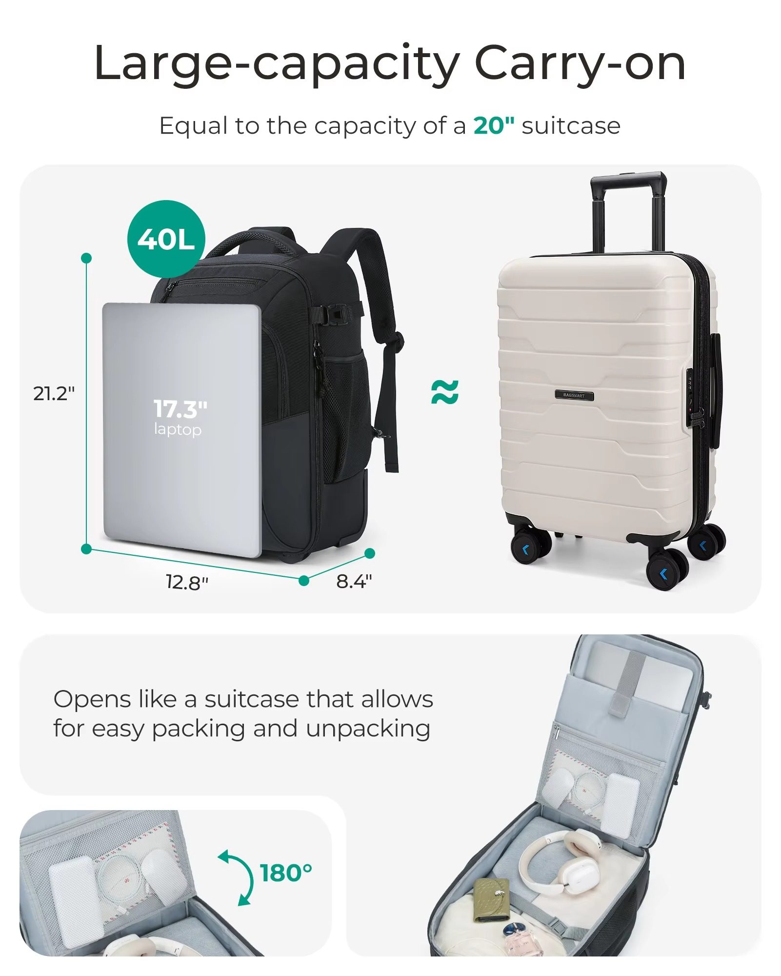 BAGSMART Rolling Backpack 17 Inch Laptop Water Resistant Large Capacity 40L Travel Luggage Wheeled Backpack for Men Women