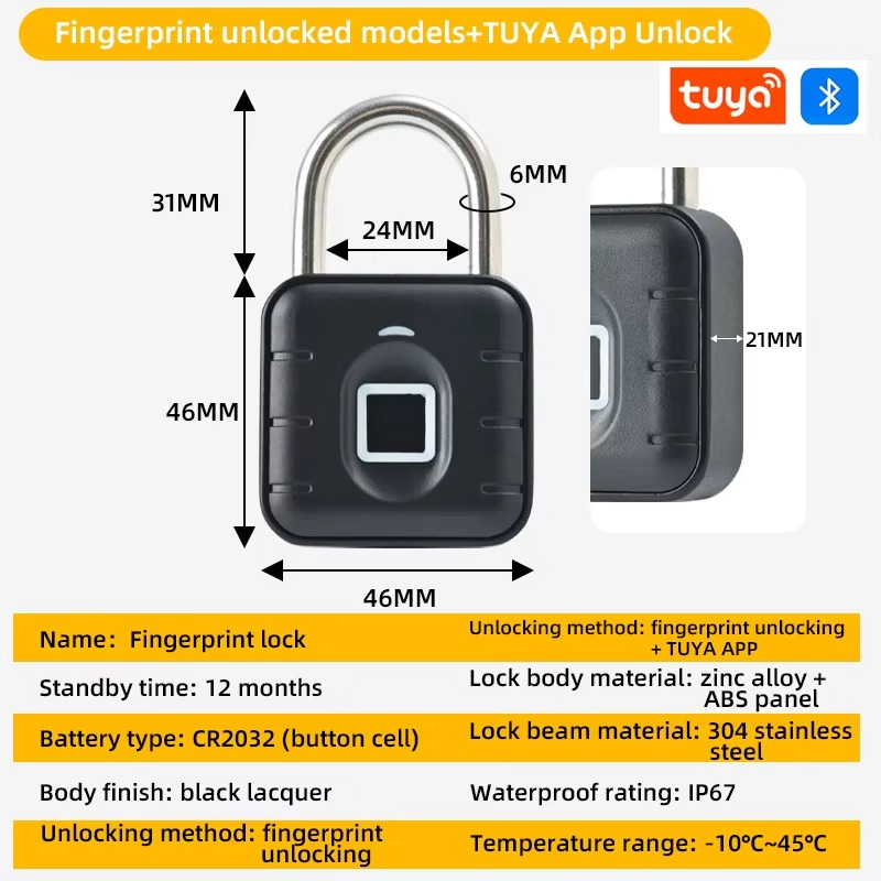 Tuya Bluetooth Fingerprint Padlock Digital Luggage Lock Electronic Lock APPTemporary Password Remotely IP67