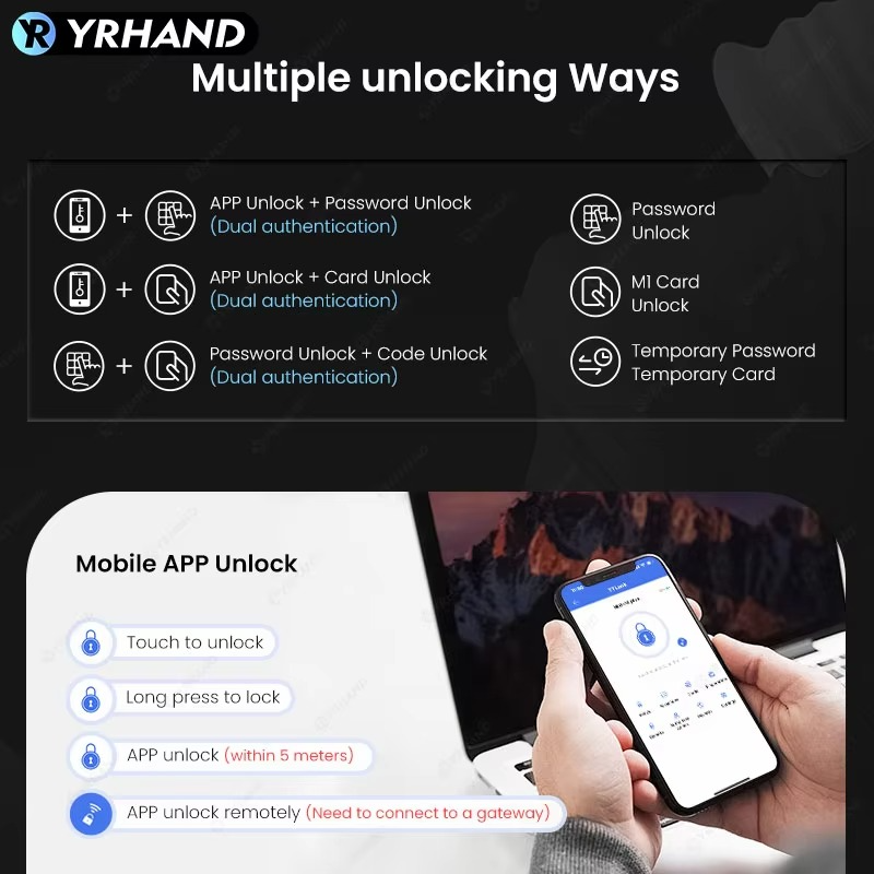 YRHAND Smart Cabinet Lock APP Control, Keypad & RFID Card Entry,Dual Authentication,Remote Access for Home Office Drawer Safe