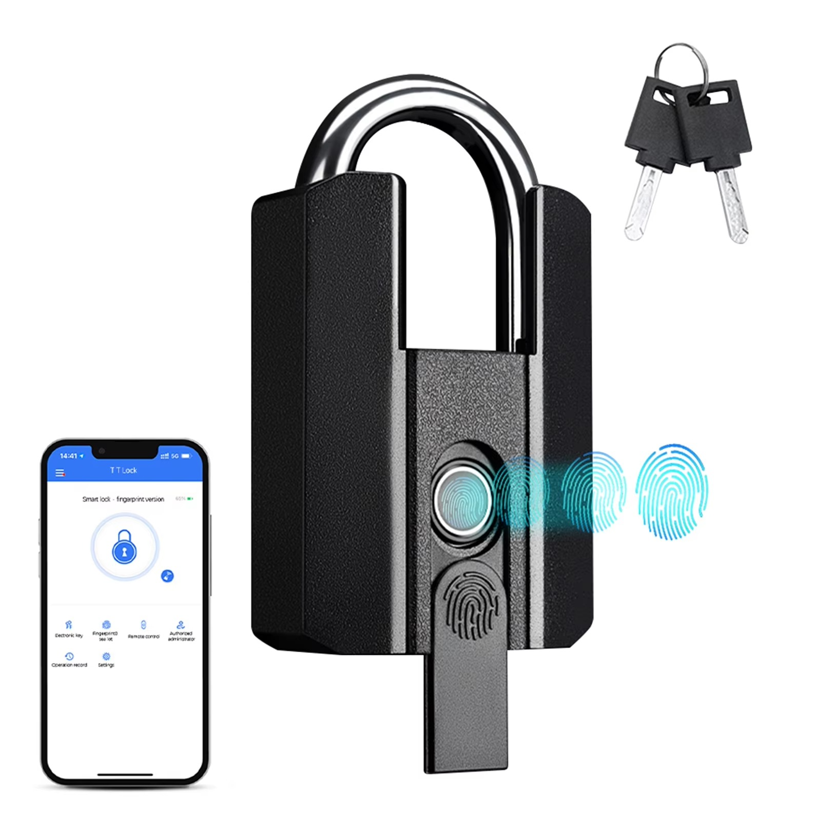 Smart Padlock Fingerprint Padlock IP67 Water Resistant APP Control Smart Pad Lock with 2 Keys for Warehouse Gym School Black