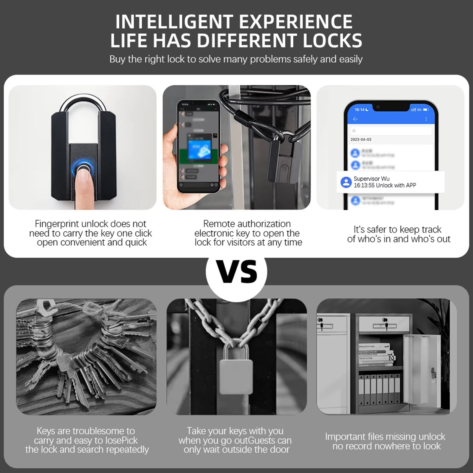 Smart Padlock Fingerprint Padlock IP67 Water Resistant APP Control Smart Pad Lock with 2 Keys for Warehouse Gym School Black