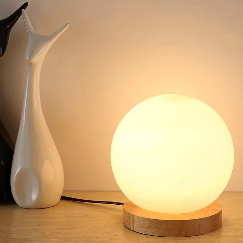 15cm Simple Glass Creative Warm Dimmer Night Lighting Desk Bedroom Bed Decoration Ball Wooden Small Round Desk Lamps Home Decor