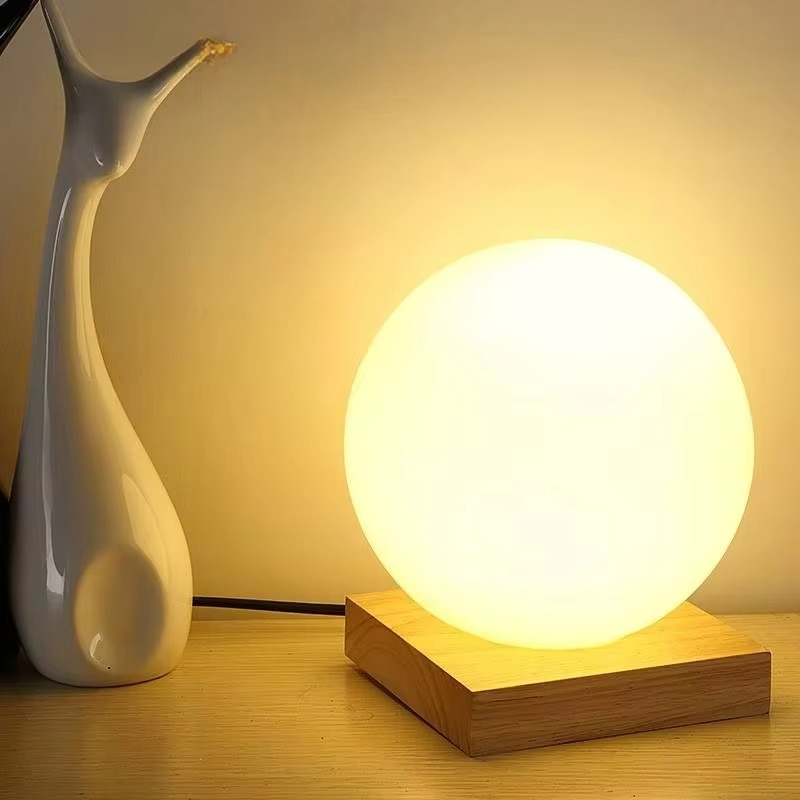15cm Simple Glass Creative Warm Dimmer Night Lighting Desk Bedroom Bed Decoration Ball Wooden Small Round Desk Lamps Home Decor