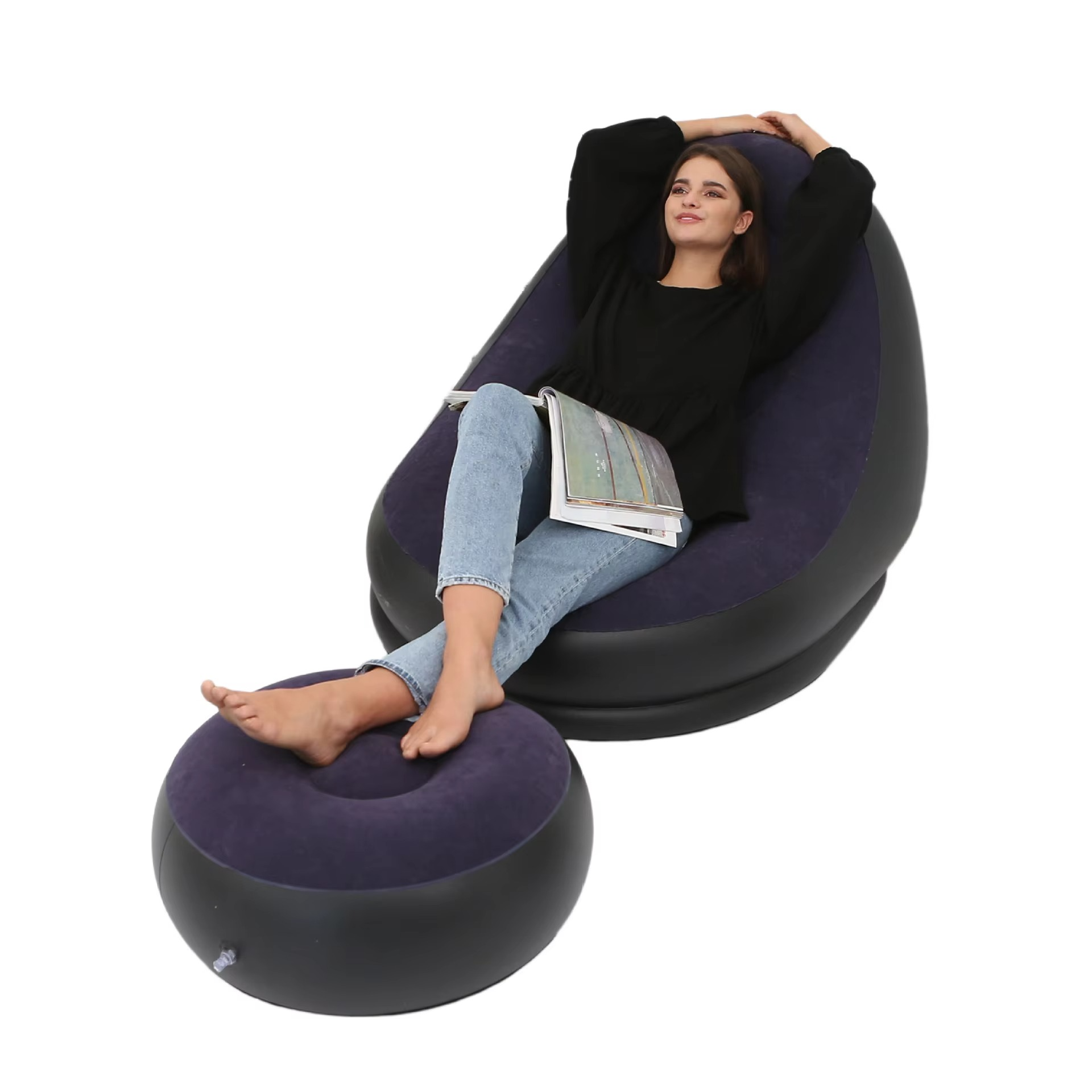 Lazy Couch Sofas Inflatable Chair Foldable Recliner Outdoor Sofa Bed Footstool Portable Folding Air Bed Lunch Lounge Chair Set