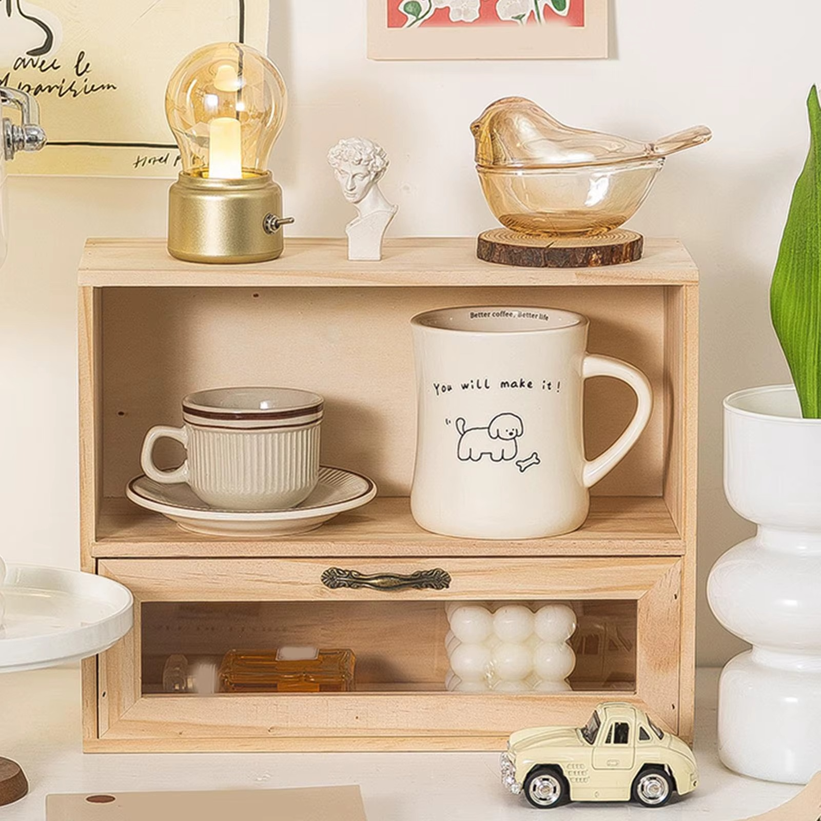 2-Layer Original Wood Cream Kitchen Cabinet Drawer Storage Island for Perfume Collection Sundries Cup Kitchen Accessories