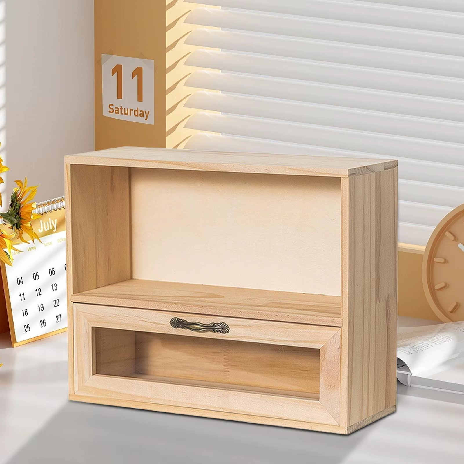 2-Layer Original Wood Cream Kitchen Cabinet Drawer Storage Island for Perfume Collection Sundries Cup Kitchen Accessories