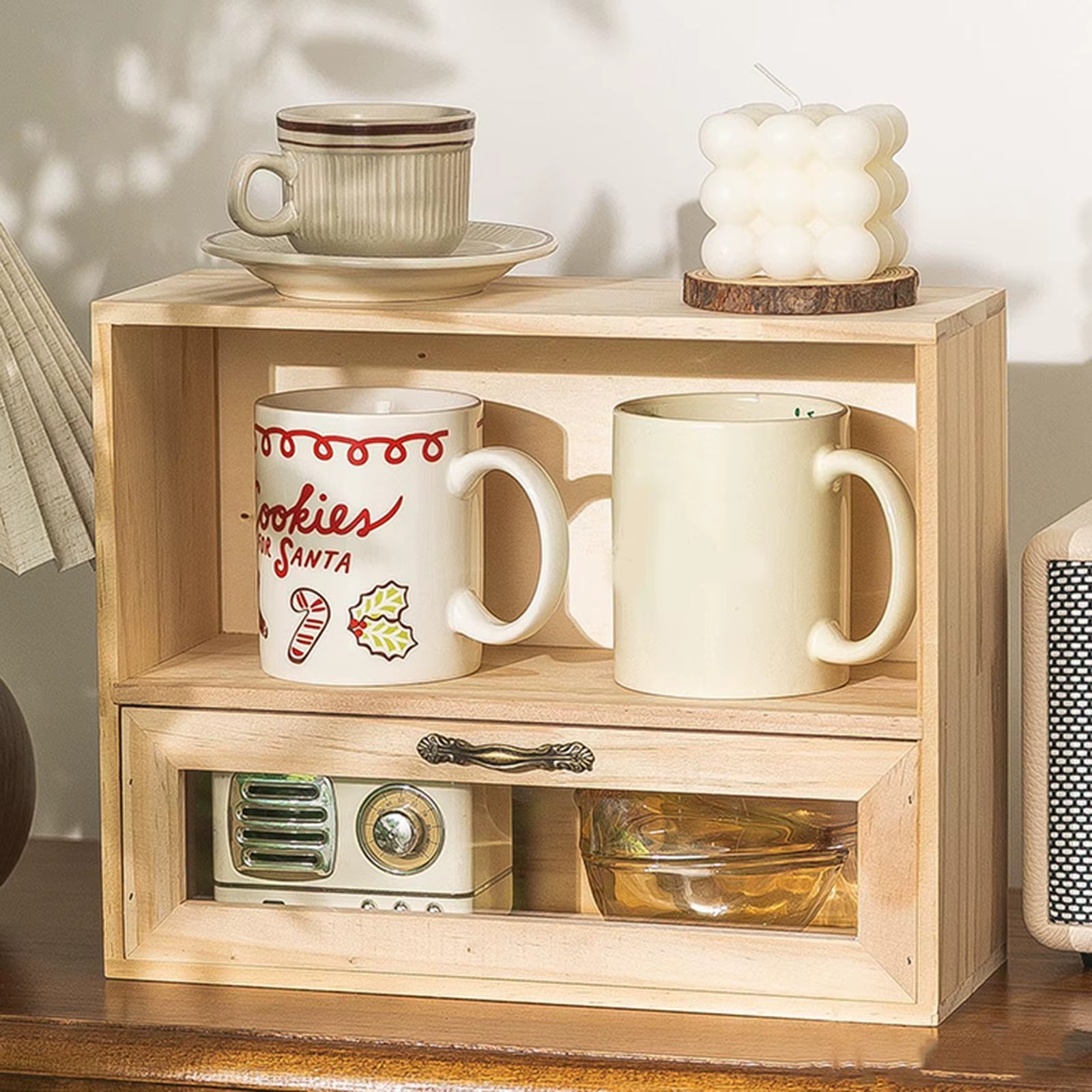 2-Layer Original Wood Cream Kitchen Cabinet Drawer Storage Island for Perfume Collection Sundries Cup Kitchen Accessories
