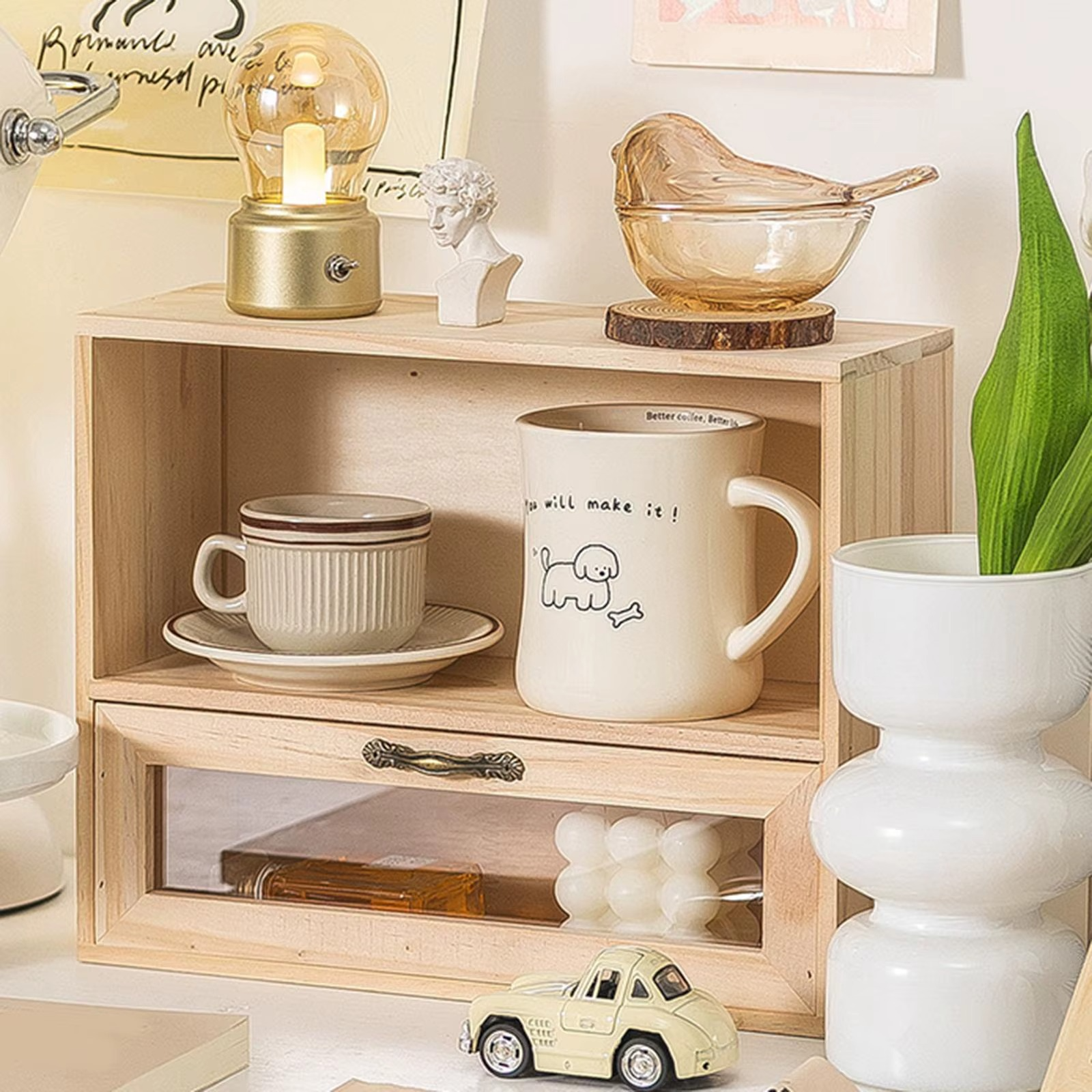 2-Layer Original Wood Cream Kitchen Cabinet Drawer Storage Island for Perfume Collection Sundries Cup Kitchen Accessories