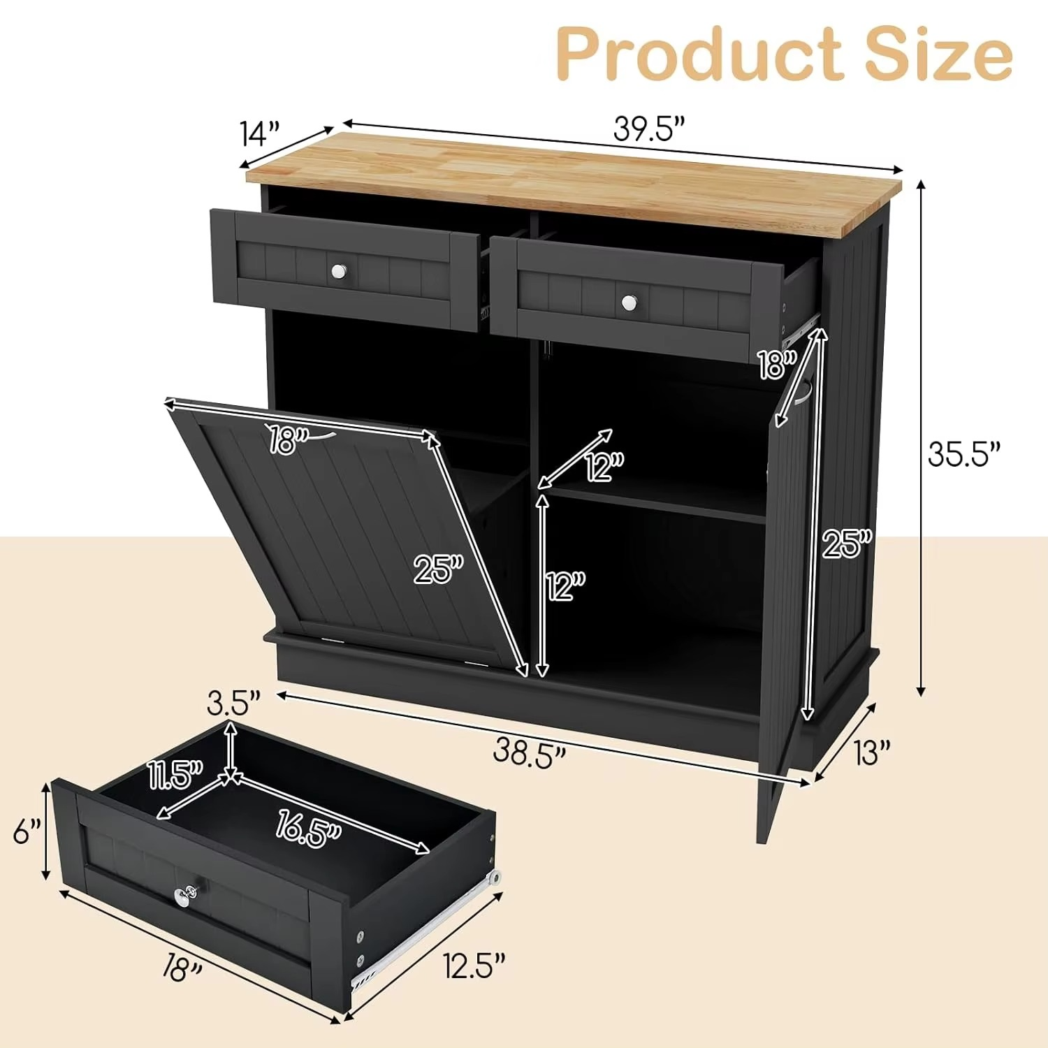 Kitchen Trash Cabinet, Kitchen Island with Tilt Out 15.5 Gallon Garbage Bin, Rubber Wood Countertop, Large Cabinet, 2 Drawers, A