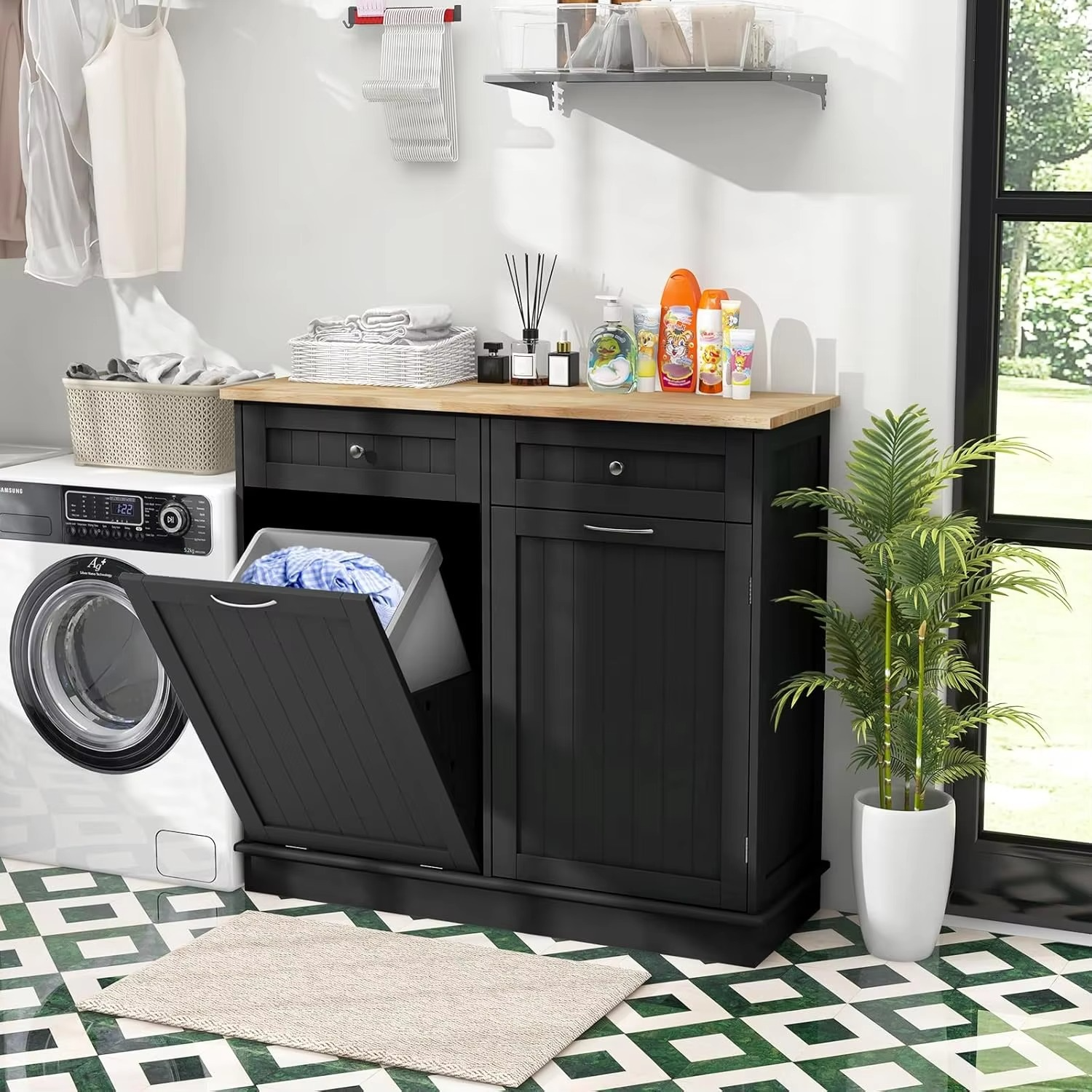 Kitchen Trash Cabinet, Kitchen Island with Tilt Out 15.5 Gallon Garbage Bin, Rubber Wood Countertop, Large Cabinet, 2 Drawers, A