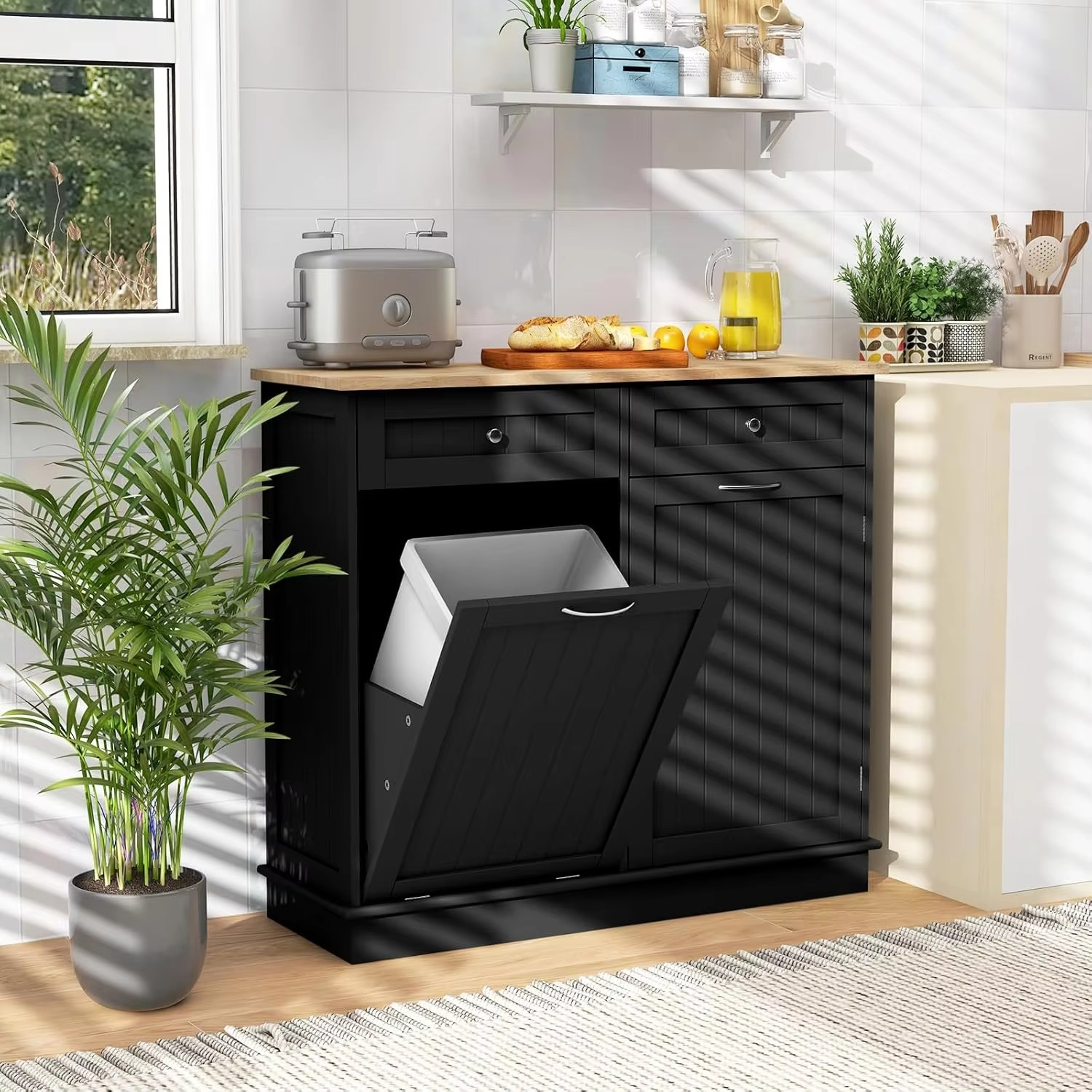 Kitchen Trash Cabinet, Kitchen Island with Tilt Out 15.5 Gallon Garbage Bin, Rubber Wood Countertop, Large Cabinet, 2 Drawers, A